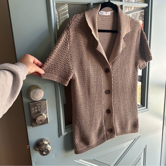 Zara Knit Polo Collared Oversized Cardigan Short Sleeve Button Up Lightweight M - Picture 3 of 14
